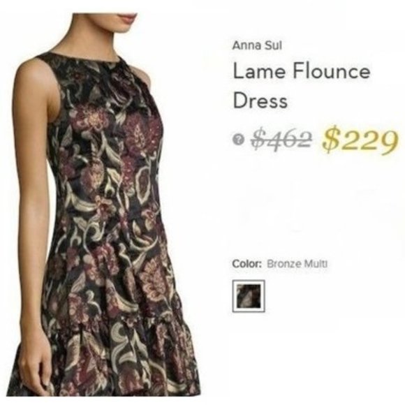 ANNA SUI Dress Metallic Floral Brocade Luxe Metallic Bronze Mini Ruffle Fall 17 - Picture 2 of 11